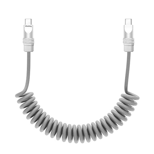 chubbycable Curly Chubby Retractable Fast Charging Cable 240W Coiled Charger Cord for Car Durable USB C Cable Compatible with iPhone 16/15 Series, Gray, Type-C to Type-C, 1.3FT-2.3FT