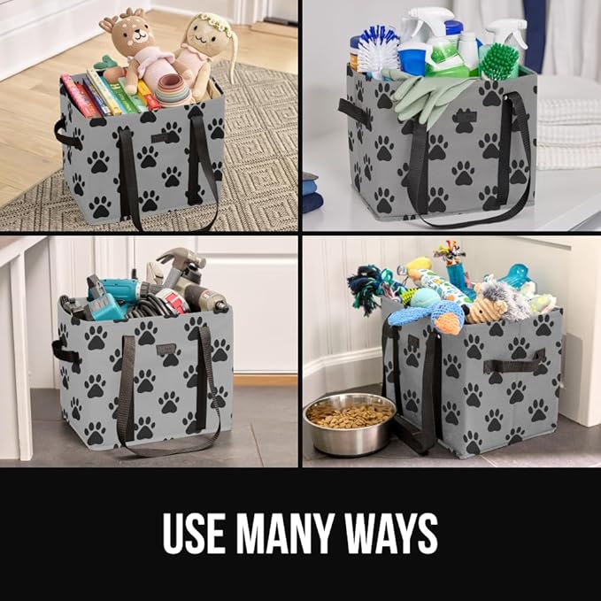 GORILLA GRIP Heavy Duty Foldable Reusable Grocery Bags, Tear Resistant Box Shape Shopping Tote with Reinforced Handles, Grip Feet, Easily Carry and Transport Groceries, 13x10x11, 1 Pack Paw Gray Black