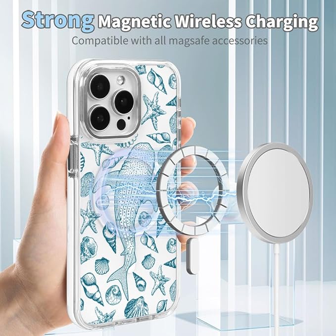 DAIZAG Case for iPhone 15 Pro, [Compatible with MagSafe],Phone Case for Women Girls Magnetic Clear Cover,Beach Seashell Whale Ocean Aesthetic