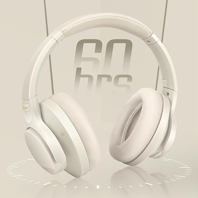 ZIHNIC Active Noise Cancelling Headphones, 60H Playtime Wireless Bluetooth Headset Low Latency-Milky White