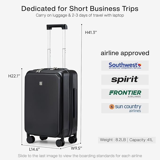 Hanke Grace Carry On Luggage with Wheels Airline Approved Hard Shell Suitcases with Front Pocket，Top Opening Luggage with TSA Lock for Short Business Travel， Jet Black.