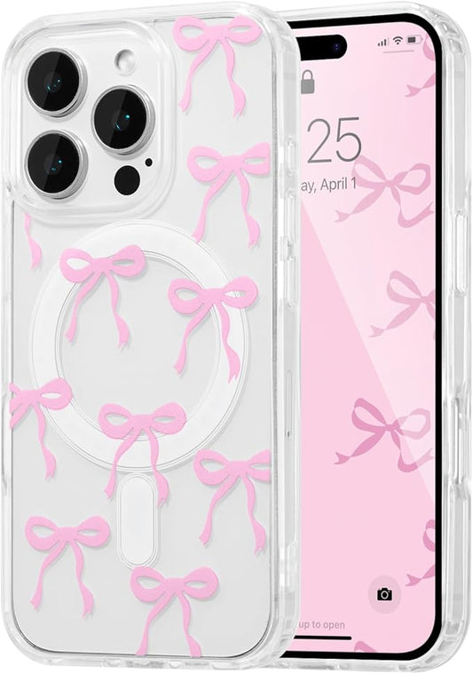 UEEBAI Magnetic for iPhone 13 Pro Case, Bow Case Compatible with MagSafe, Wireless Slim Clear Ribbon Aesthetic Phone Cover Anti-Yellowing Shockproof Protective Cover for Women Girl - Pink