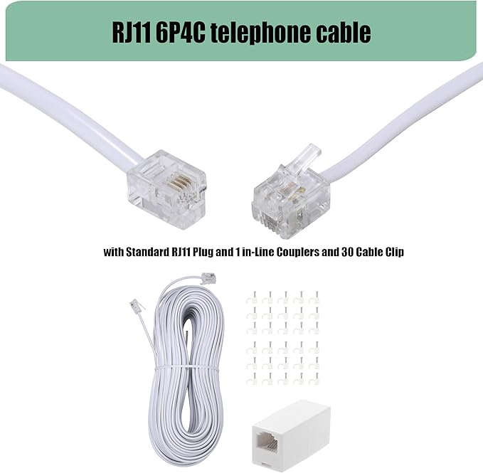 Long Telephone Extension Cord Phone Cable Line Wire, with Standard RJ11 Plug and 1 in-Line Couplers and 30 Cable Clip Holders-White (100feet)