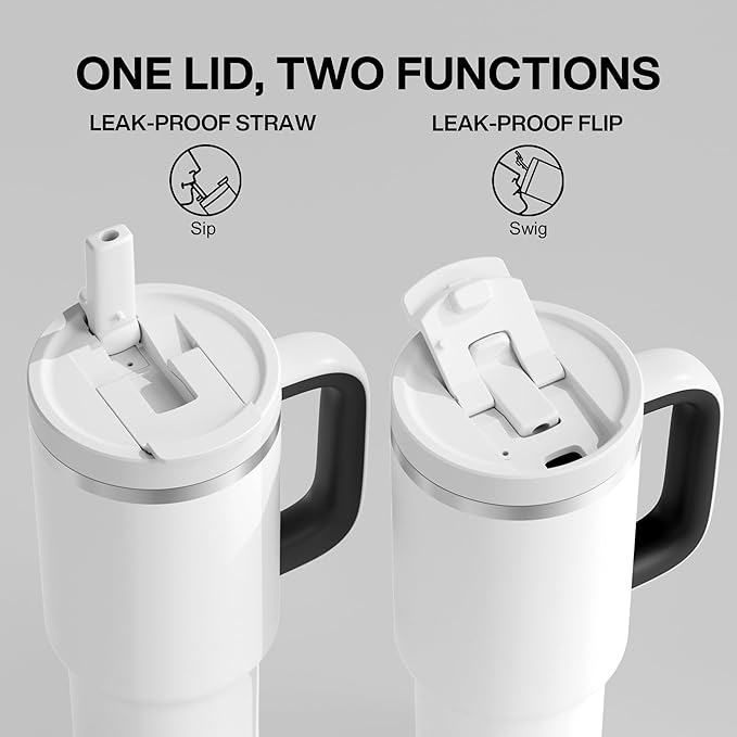 32 oz Tumbler with Handle and Straw: Stainless Steel Insulated Tumbler Keeps Cold for 24 Hours, Leakproof Travel Cup Fits in Cup Holder and BPA-Free, Polar White