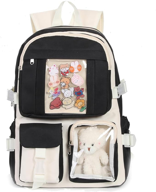 Kawaii Backpack for Teen Girls, Cute Aesthetic High Middle School College Bookbag with Accessories,Black and White