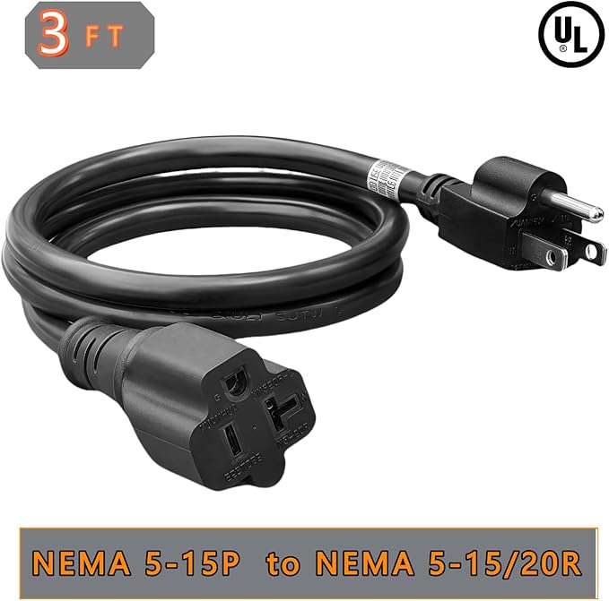 3-Feet 15 Amp Household AC Plug to 20 Amp T Blade Adapter Cable，14AWG 3-Foot 15 Amp to 20 Amp Plug Adapter Cord Nema 5-15P to 5-15R/5-20R 20Amp Comb AC Power Cord, Black
