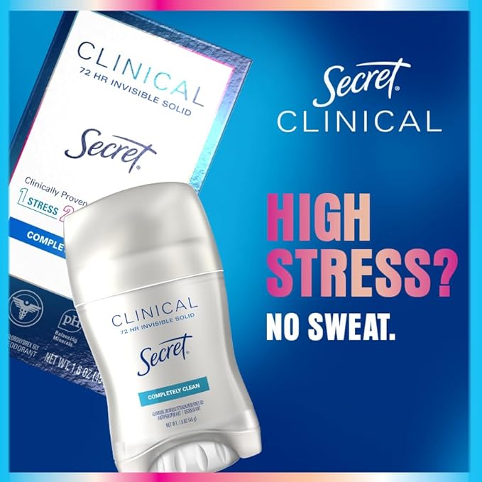 Secret Clinical Strength Antiperspirant Deodorant for Women, 3X Stress Protection, 72hr Sweat & Odor Protection, PH Balancing Minerals, Clear Gel, Clean Lavender Scent, 2.6 oz