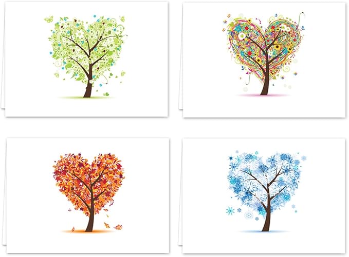 Seasons of Life Note Card Assortment Pack/Set Of 24 Greeting Cards And White Envelopes / 4 7/8" x 3 1/2" Cards Featuring 4 Seasonal Tree Designs