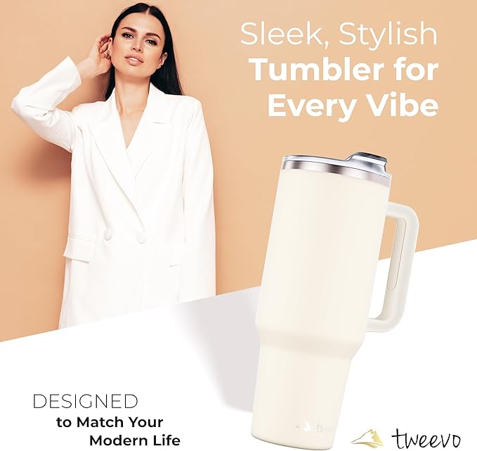 40 oz Tumbler With Handle and Straw Made of Stainless Steel - Double Wall Vacuum Insulated Tumbler With Lid - Sweat Proof Easy Grip, BPA-Free, Dishwasher Safe Tumbler (Cream)