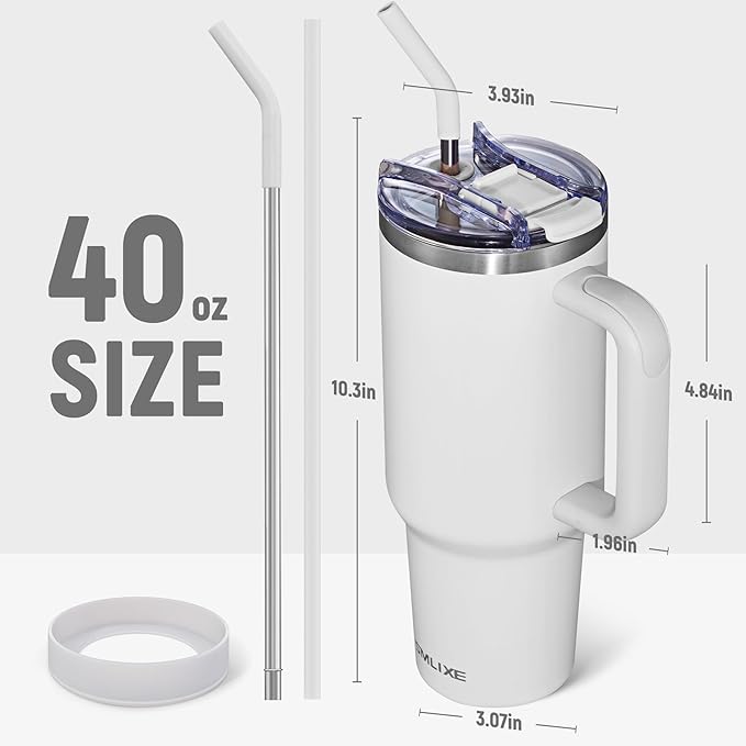 40 oz Tumbler with Handle and Straw Lid,Insulated Reusable Stainless Steel Water Bottle Travel Mug，Cupholder Friendly Double Wall Vacuum Sealed Cup (Cold White)