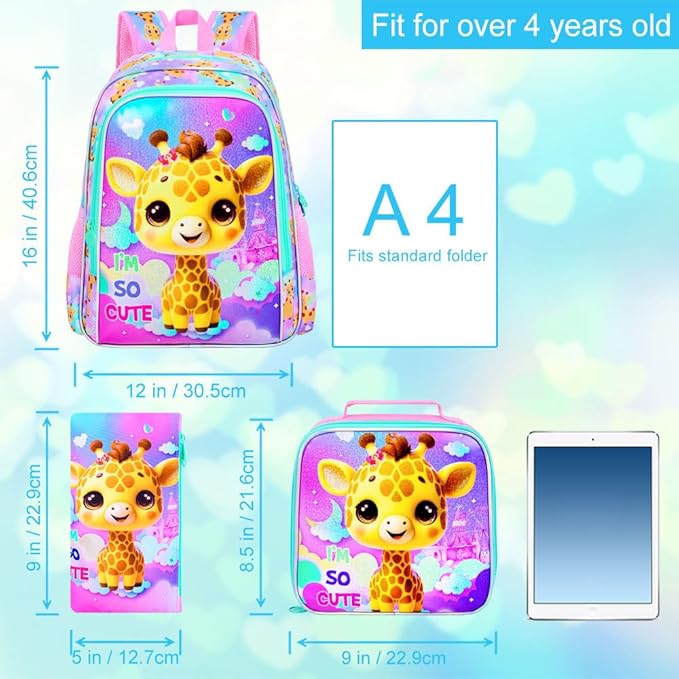 3Pcs Backpack for Girls, 16" Kids Bookbag with Lunch Box, Giraffe School Backpacks Set for Elementary Preschool Kindergarten(Pink)