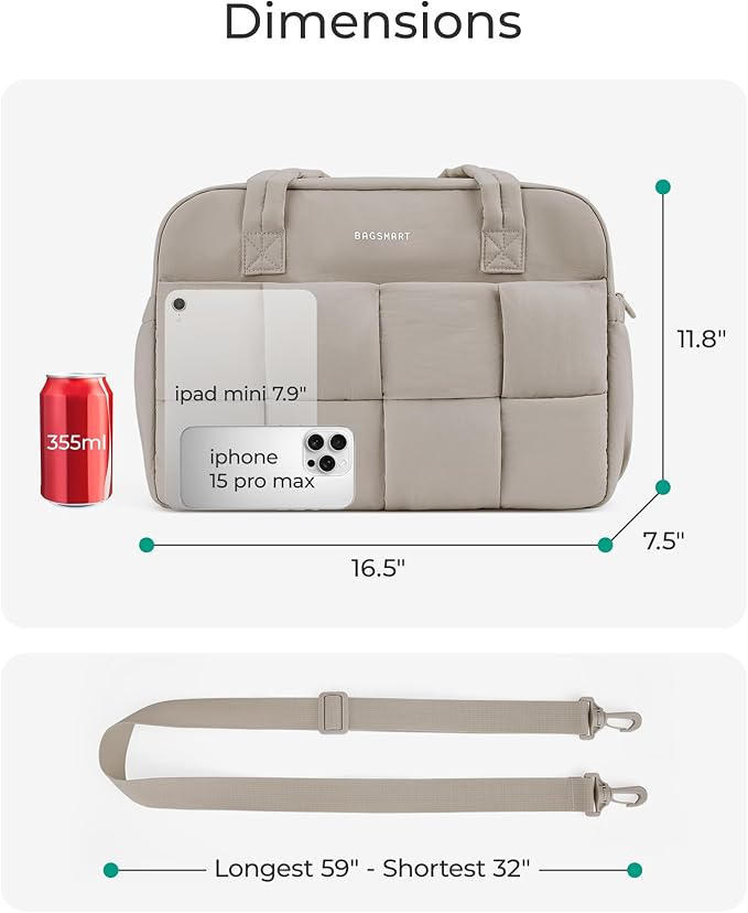 BAGSMART Gym Bag for Women, 24L Puffer Travel Duffle Bag for Travel with Laptop Compartment, Weekender Bags for Women, Carry On Duffel Bag Personal Item Bag, Camel