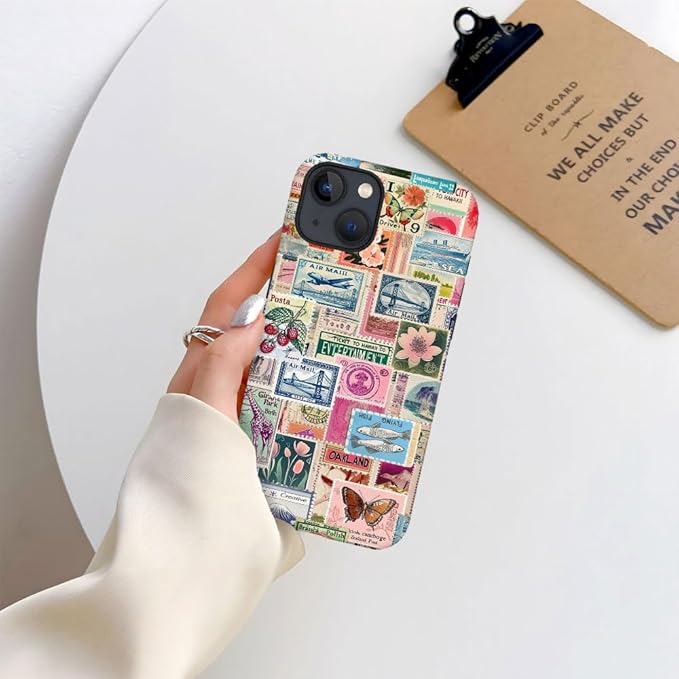 DAIZAG Case Compatible with iPhone 15,Fit Shockproof Cover for Women Girls,Retro Stamp Collage