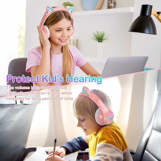 LOBKIN Bluetooth 5.4 Kids Headphones with Case - RGB LED Light Up Cat Ears Foldable Adjustable Over Ear Headphone Support Wireless or 3.5mm Wired Mode for Toddler & Girls & Boys Teens