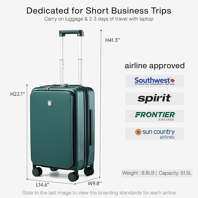 Hanke Grace Expandable Carry On Luggage with Wheels Airline Approved Hard Shell Suitcases with Front Pocket，Top Opening Luggage with TSA Lock for Short Business Travel, Blackish Green.