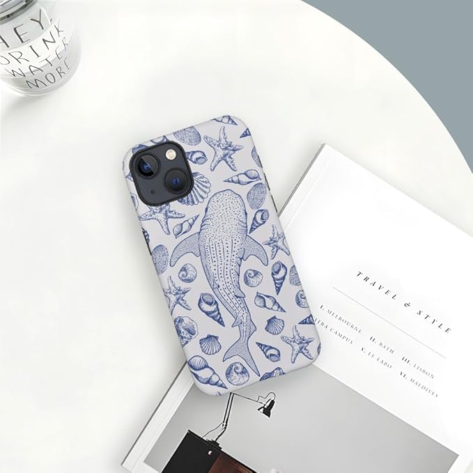DAIZAG Case Compatible with iPhone 13,Fit Shockproof Cover for Women Girls,Blue Seashell Whale Shark Ocean