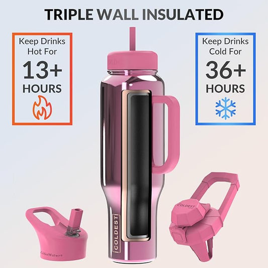 Coldest Tumbler with Handle and Straw Lid | 3 Lids Insulated Reusable Stainless Steel Water Bottle Travel Mug | Gifts for Women Him Her | Limitless Collection (46 oz, Pink Reflections)