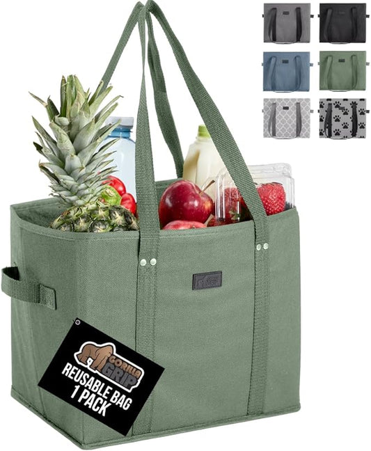 GORILLA GRIP Heavy Duty Foldable Reusable Grocery Bags, Tear Resistant Box Shape Shopping Tote with Reinforced Handles, Grip Feet, Easily Carry and Transport Groceries, 1 Pack, 13x10x11, Sage Green