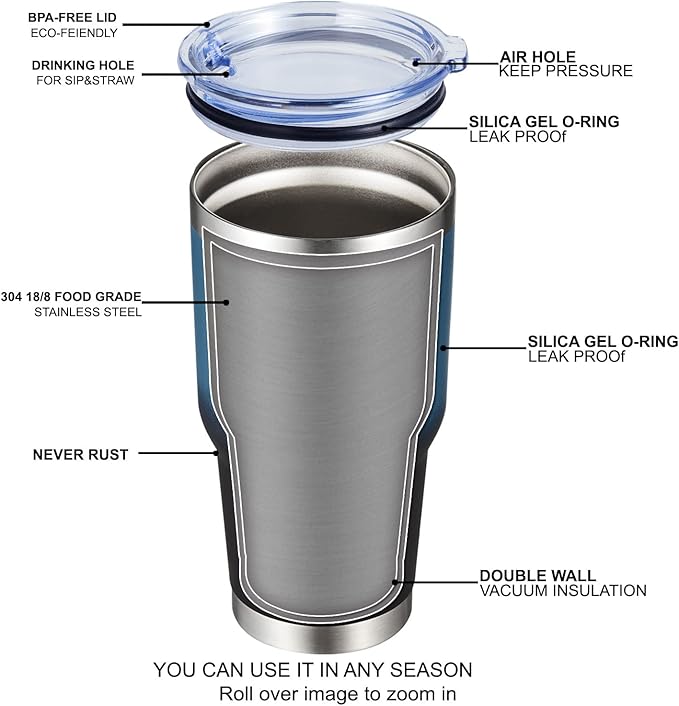 MEWAY 30oz Insulated Tumbler With Lids and Straws,Stainless Steel Double Vacuum Coffee Tumbler Cup, Brush, Durable Powder Coated Coffee Cup for Cold & Hot Drinks, Office, Travel(Blue Black,4 PACK)