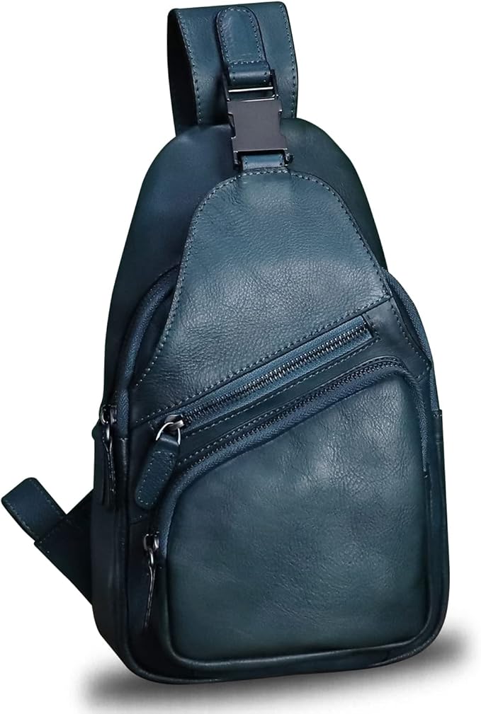 Genuine Leather Sling Bag Crossbody Purse Handmade Hiking Daypack Motorcycle Bag Retro Shoulder Backpack Vintage Chest Bag (NavyBlue)