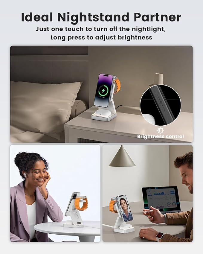 3-in-1 Wireless Charger for iPhone,15W Fast Wireless Charging Station Compatible with Mag-Safe Charger,Magnetic Foldable Travel Charger Stand Nightstand for iPhone 16/15/14/13/12,Apple Watch&AirPods