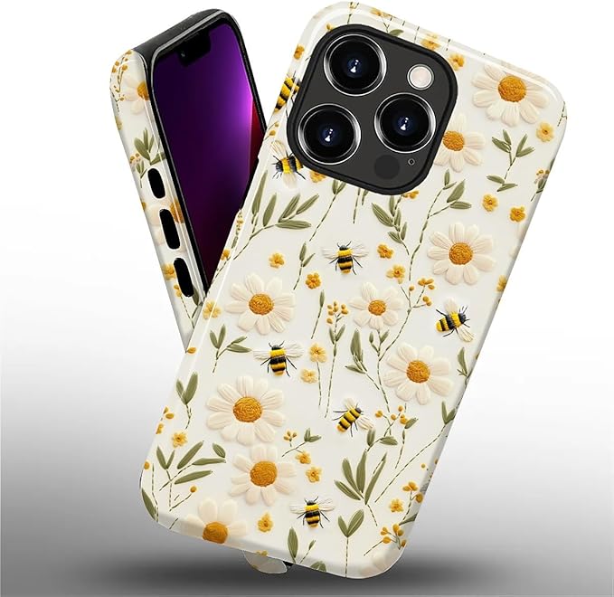 Case for iPhone 13 Pro Case,Bees Sunflowers Design - Hybrid Dual Protection Silicone + Hard PC Shockproof Full Body Cover Slim Anti-Scratch Protective Case for Men Women