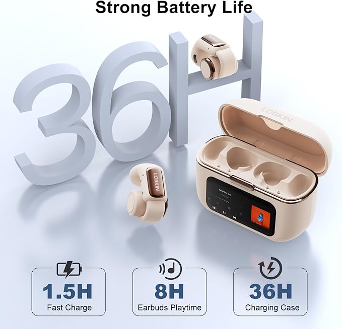 LOBKIN Open Ear Clip On Earbuds Wireless Bluetooth, Waterproof Clip On Headphones, Lightweight, Comfortable for Small Ears Women, Clip On Ear Buds with Mic, LED Display, Sports Running Workout White