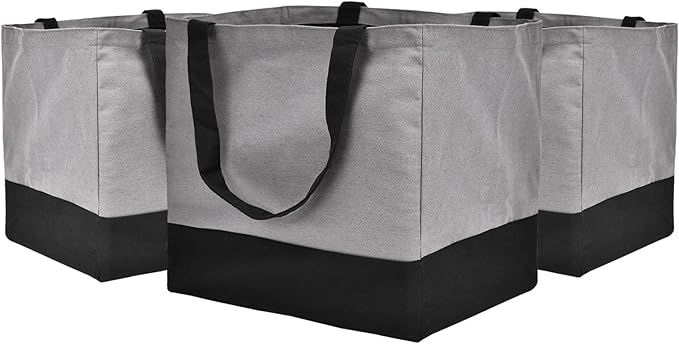 3 Pack Reusable Grocery Bags Heavy Duty, 8.3 gal Foldable Large Canvas Tote Bag with Handles, Holds 60 lbs Eco-friendly Bags with 5 Pockets, Grey+Black