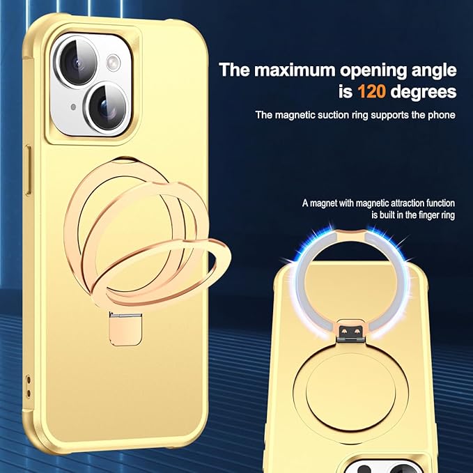 Compatible with iPhone 15 Plus Case with Invisible Magnetic O-Ring Stand Military-Grade Case for iPhone 15 Plus 6.7" [Compatible with Mag-Safe][Great Grip Feeling], Gold