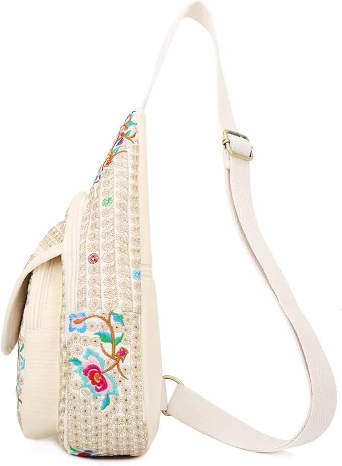 SILKAREA Vintage Floral Small Sling Bag for Women's Chest Purse Handbag Shoulder Bag Travel Embroidered Backpack Purse (Beige Red)