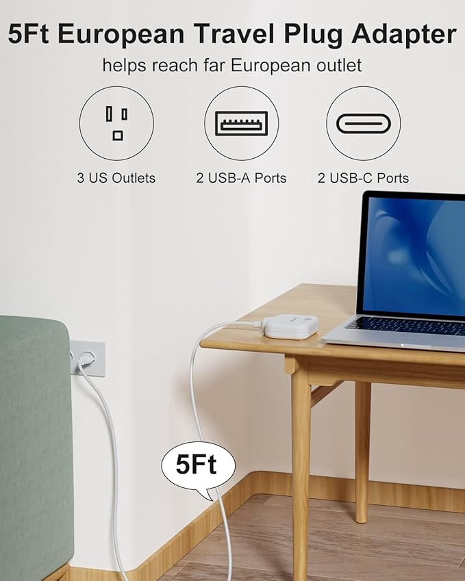 European Travel Plug Adapter, US to Europe Plug Adapter with 3 Outlets & 4 USB(2 USB-C), 5ft European Power Cord, International Power Strip, Type C for Europe EU Germany France, Travel, White
