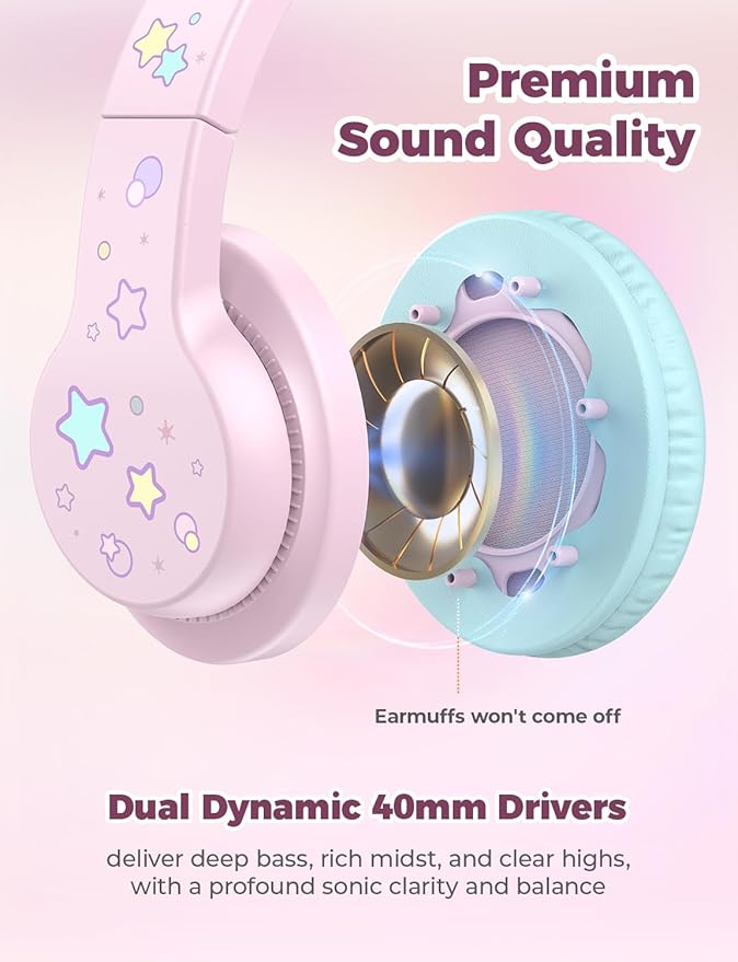 iClever Kids Headphones for School/Travel with Safe Volume 85dBA, HS19S Stereo Sound Over-Ear Girls Boys Headphones for Kids, Foldable 3.5mm Wired Headphone for iPad/Computer