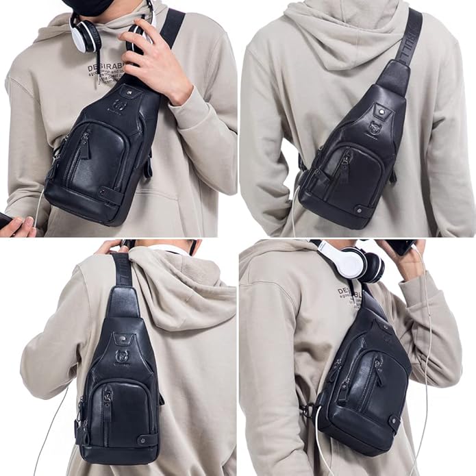 KPYWZER Vintage Leather Sling Bag Backpack for Men Crossbody Shoulder Chest Day Pack Backpacks