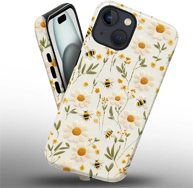 Case for iPhone 15 Case,Bees Sunflowers Design - Hybrid Dual Protection Silicone + Hard PC Shockproof Full Body Cover Slim Anti-Scratch Protective Case for Men Women