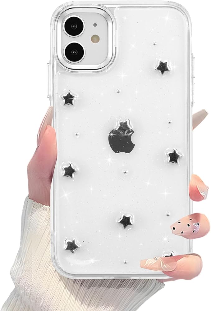 EYZUTAK Case for iPhone 11, Bling Glitter 3D Stars Phone Case Cute Sparkly Crystal Clear Star Aesthetic Design Case Slim Soft Durable TPU Transparent Protective Cover for Women Girls - Star