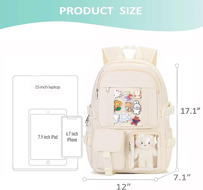 Kawaii Backpack for Teen Girls, Cute Aesthetic High Middle School College Bookbag with Accessories, Pink
