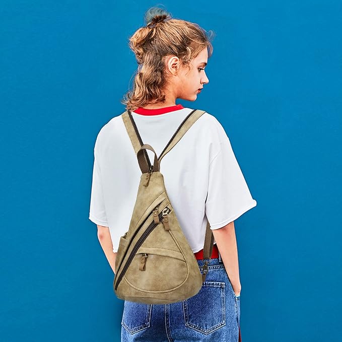 KL928 PU Leather Sling Bag - Small Crossbody Backpack Shoulder Casual Daypack Rucksack for Men Women Outdoor Cycling Hiking Travel (6881-PU-L.Coffee)