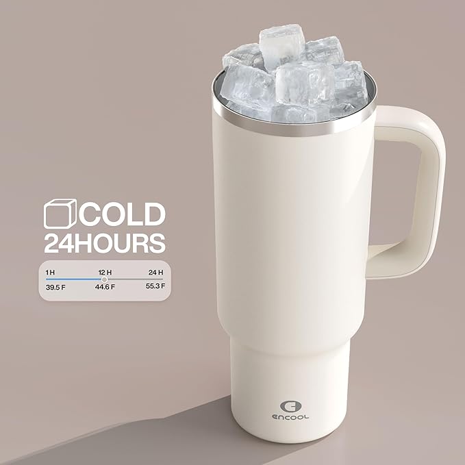 40 oz Tumbler with Handle and Straw: Stainless Steel Insulated Tumbler Keeps Cold for 24 Hours, Leakproof Travel Cup Fits in Cup Holder and BPA-Free, Cream Moon