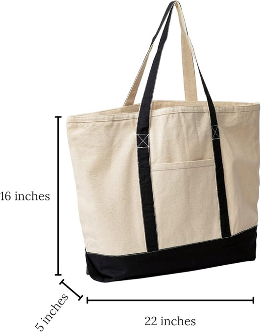 Extra Large Canvas Tote Bags with Zipper - 22 Inches Heavy Duty, Premium Zippered Tote Bag - Zip Top, 100% Organic Cotton, Sturdy, Washable Large Cotton Tote Bags - Multipurpose Canvas Shopping Bag