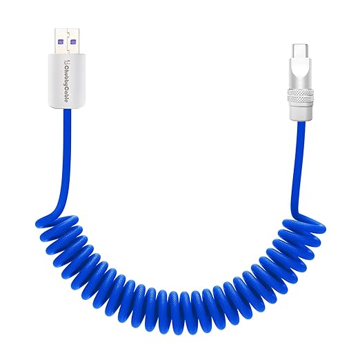 chubbycable Curly Chubby Retractable Fast Charging Cable 120W Coiled Charger Cord for Car Durable USB C Cable Compatible with iPhone 16/15 Series, Dark Blue, USB-A to Type-C, 1.3FT-2.3FT