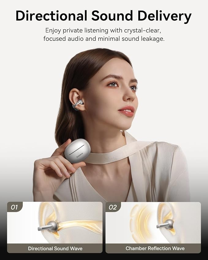Baseus Bowie MC1 Pro Open Ear Clip-On Headphones, Hi-Res LDAC & HiFi4 Acoustic Sound, 5g Ultra-Lightweight Comfort, SuperBass 2.0, DNN 4-Mic AI Clear Calls, IP67 Waterproof, Bluetooth 6.0 (Titanium)