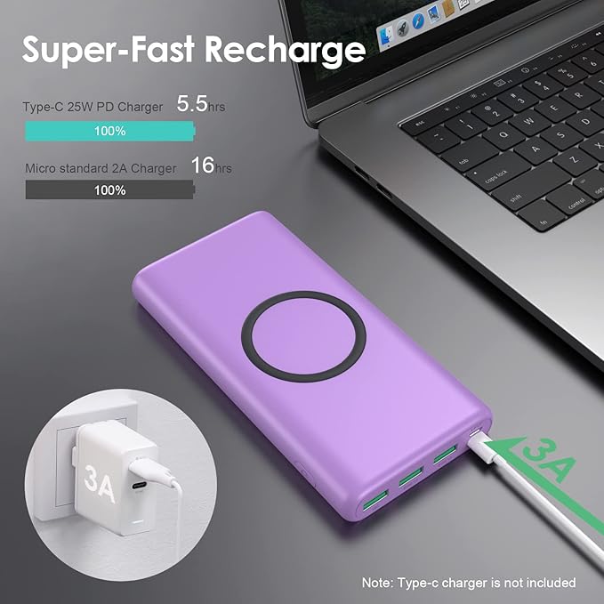 Wireless Portable Charger Power Bank,33800mAh 15W Fast Wireless Charging 25W PD QC 4.0 USB-C Power Bank,5 Output & Dual Input External Battery Pack Compatible with iPhone 16/15/14,Android etc-Purple
