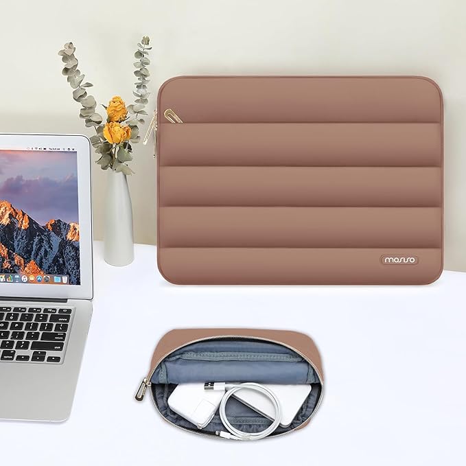 MOSISO 13.3 inch Laptop Case, 13-13.3 inch Puffy Laptop Sleeve Compatible with MacBook Air 13 13.6 M4 M3 M2 M1/Pro 13/Pro 14, HP Dell ASUS Lenovo,Polyester Horizontal Bag with Small Case, Mocha