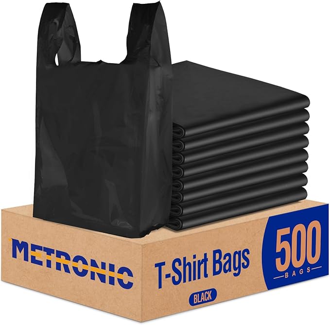 METRONIC 500 Count Black Plastic T-shirt Bags with Handle, 12" x 6.5" x 21" Plastic Carry Bags for Retail, Supermarket, Grocery Shopping Bag for Packaging, Takeout, Convenience Stores, in Bulk
