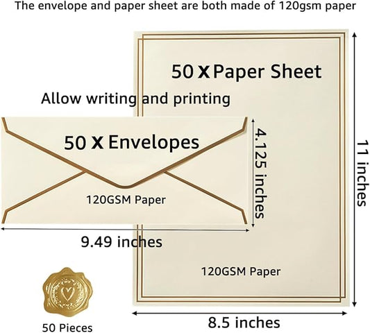 50 Pack Stationery Set with Gold Border, #10 Business Envelopes and 8.5x11 Paper Sheets and Stickers for Writing Letters (Cream Color, 8.5x11 Inches)