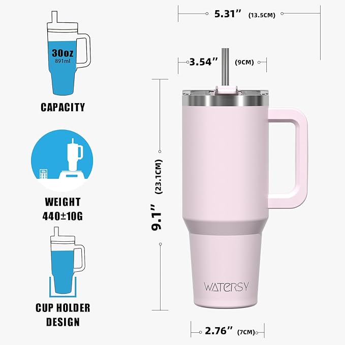 30 oz Tumbler with Handle,Tumbler with Lid and Straw,Double Wall Insulated Cup Stainless Steel Travel Mug(Cold for 34 Hours),Water Bottle for Iced Tea,Coffee,Cold Beverages(Rose Quartz)