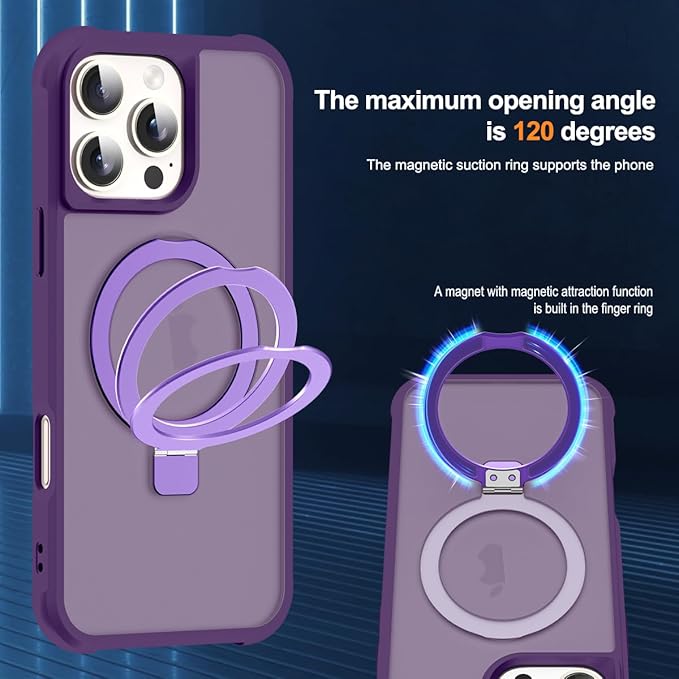 Compatible with iPhone 16 Pro Max Case with Invisible Magnetic O-Ring Stand Military-Grade Translucent Case for iPhone 16 ProMax 6.9" [Compatible with Mag-Safe][Great Grip Feeling], Purple