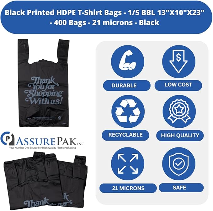 Black 'Thank You' HDPE T-Shirt Bags with Handles - 400 Bags – 1/5 BBL Size 13"x10"x23" – 21 Microns – Thank You Shopping Bags for Retail, Takeout, Restaurant Supplies