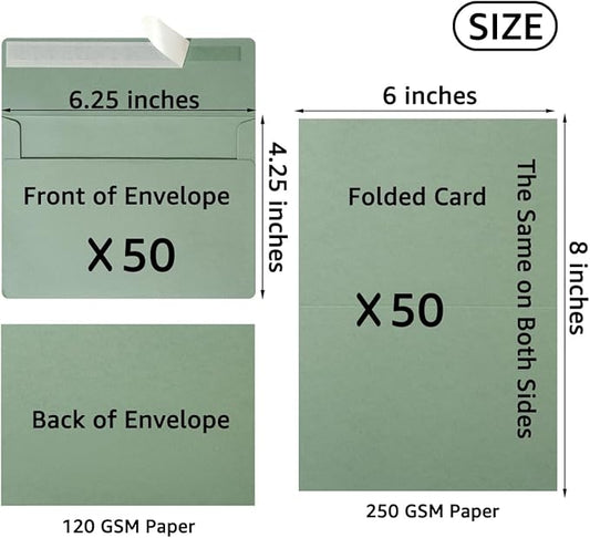 Wishop 50 Pack Self-Adhesive Envelopes with Fold Cards for Wedding Invitations, Greeting Cards, Baby Shower, Letter Mailing (Sage-Green, 4x6)