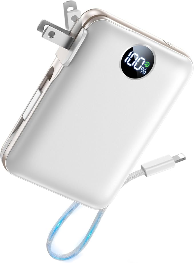 Portable Charger with Built in Cables & Wall Plug,10000mAh Power Bank, 4 Outputs,22.5W USB C Fast Charging,Slim Travel Essential Battery Pack with LED Display for iPhone 17/16/15/14 Series, Samsung